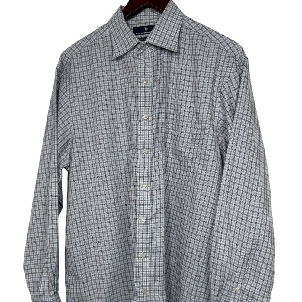 Hart Schaffner Marx Dress Shirt‎ Mens 16.5 34 Blue Plaid Pima Cotton Non Iron